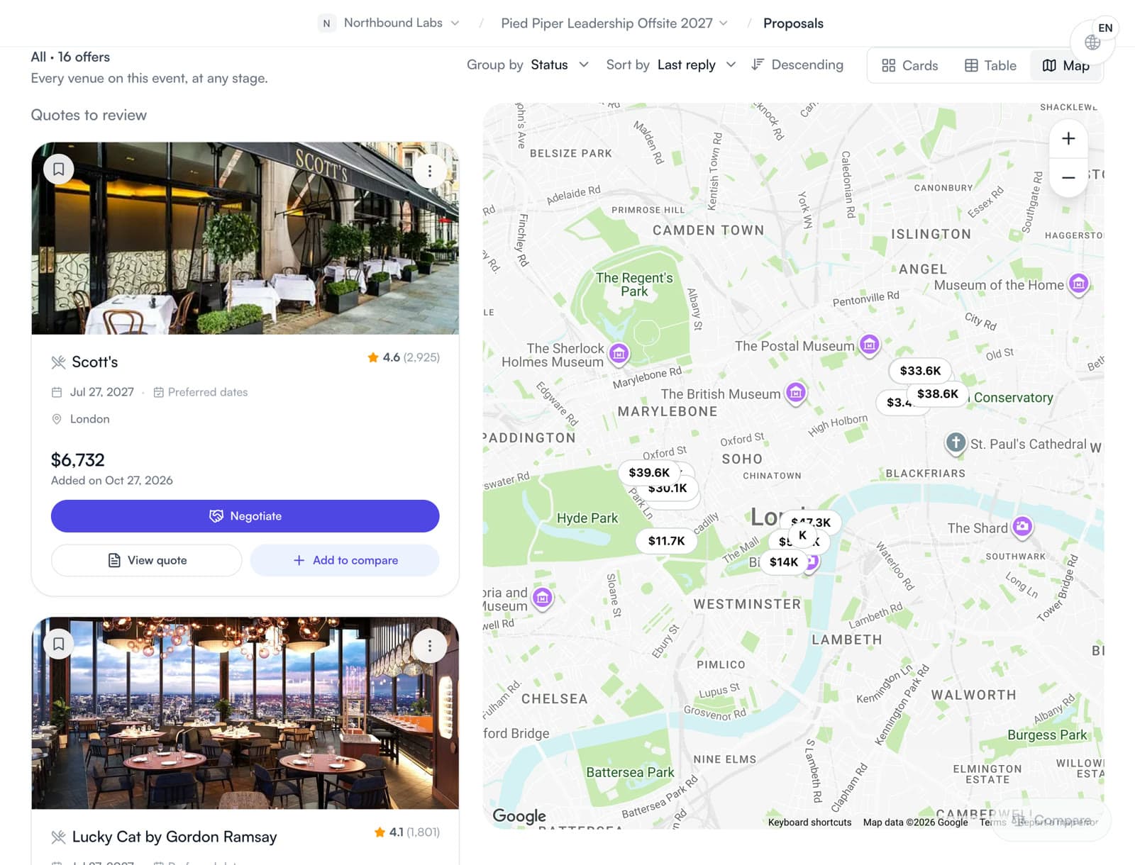 London proposals listed next to a map with each venue's quote pinned on it.