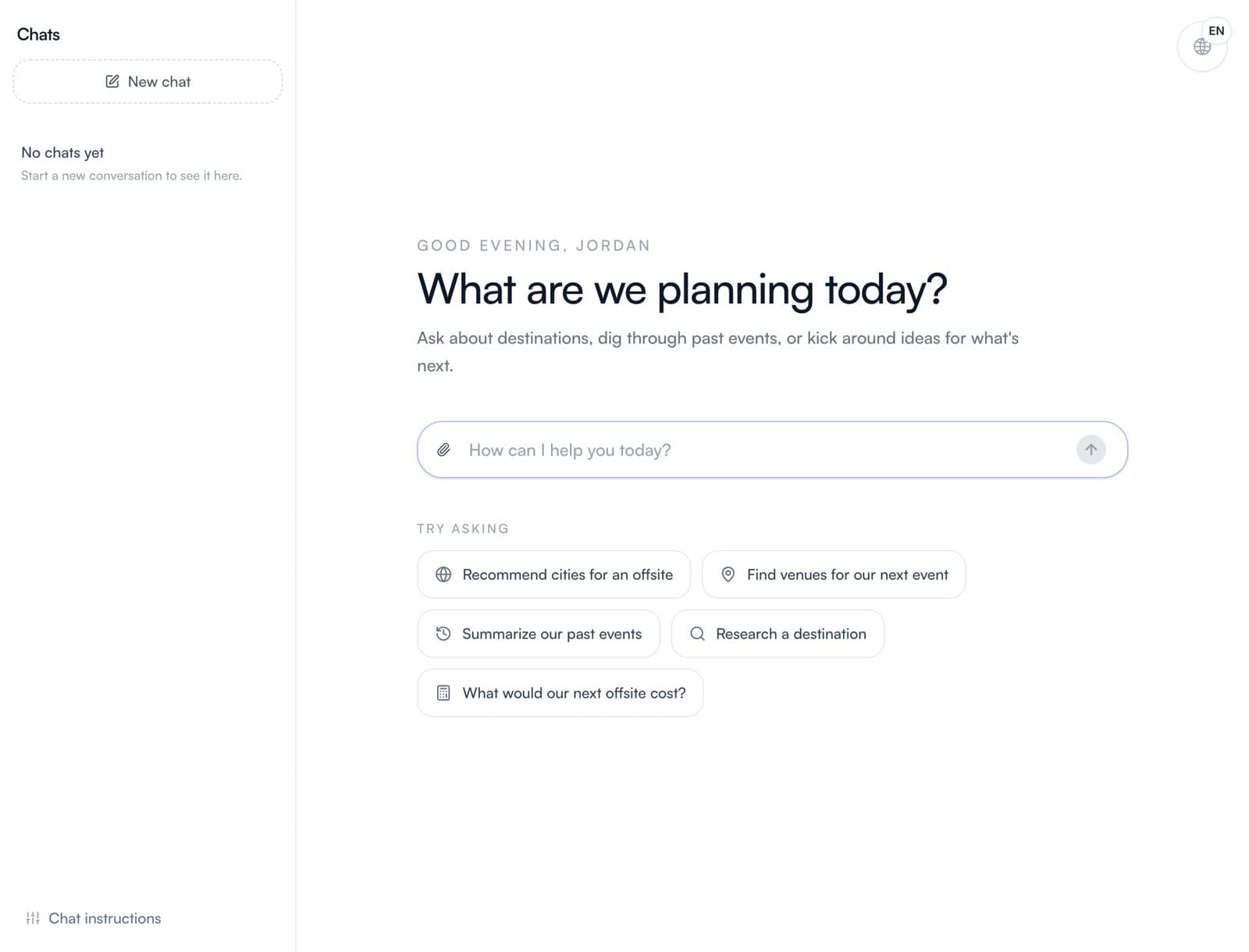 The chat page asking What are we planning today, with suggested prompts below the message box.